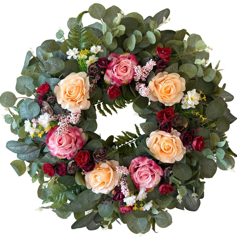 WANNA-CUL 24 Inch Spring Valentines Day Wreaths for Front Door,Spring Mothers Day Wreath Gifts Decorations with Pink,Champagne, Burgundy Rose and Eucalyptus Leaves for Wedding or Indoor&Outdoor Decor - Image 1